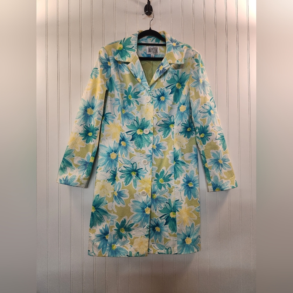 Vintage Women's Lime Yellow Floral‎ Print Spring Coat Size 12 Preppy Classic Y2K